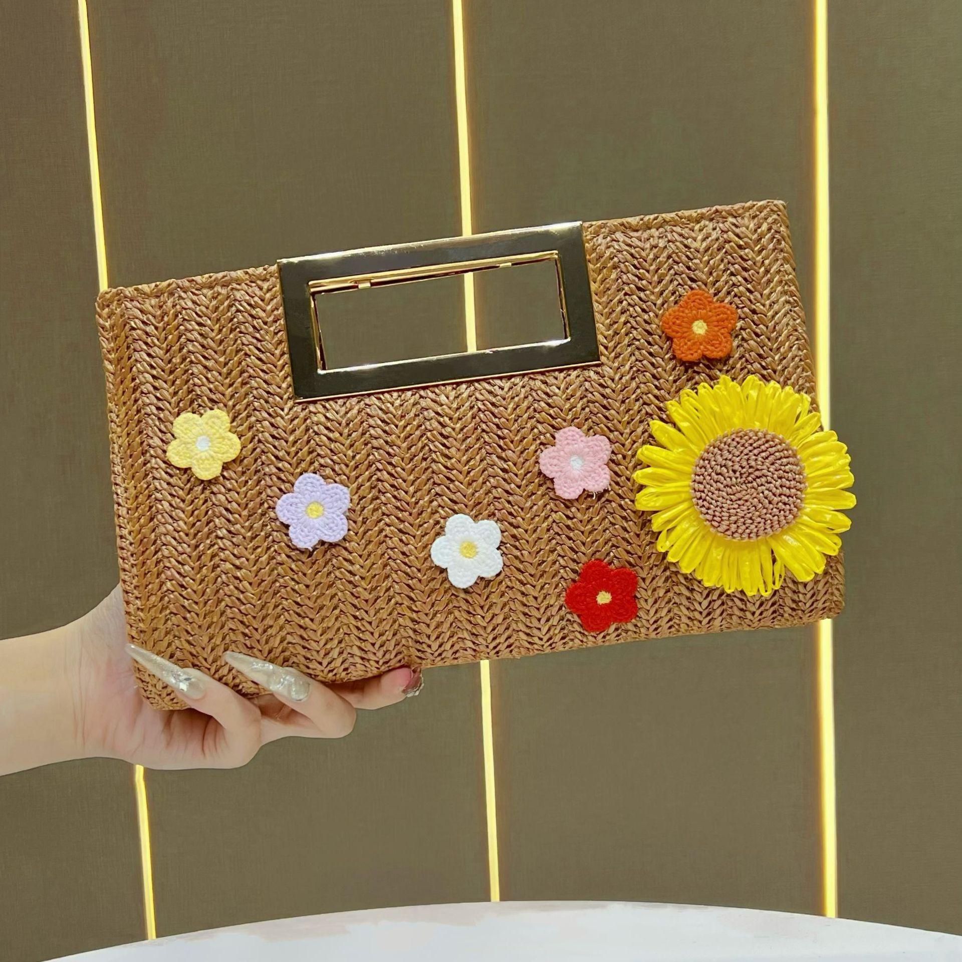 

Top Handle Clutch Handbags for Women Evening Handbag Shoulder Crossbody Purse with Chain Summer Clutch Straw Evening Bag Woven Beach Clutch Purses one size коричневий