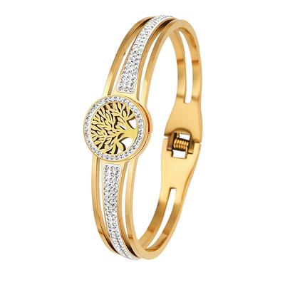 316L Stainless Steel Mud Crystal Micro Embedded Spring Hollow Life Tree Bracelet Women's Bangle