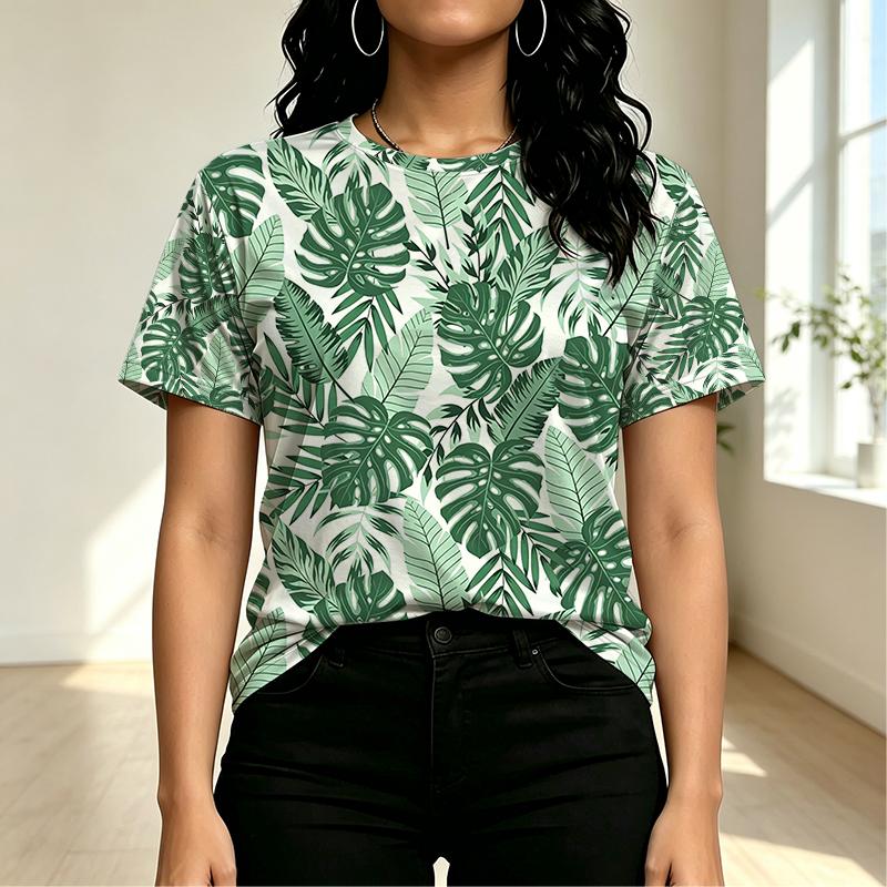 Women's Tropical Plant Print Short Sleeve Top Minimalist, Soft & Comfy, Elegant for Daily Casual, City Walks, Versatile & Trendy
