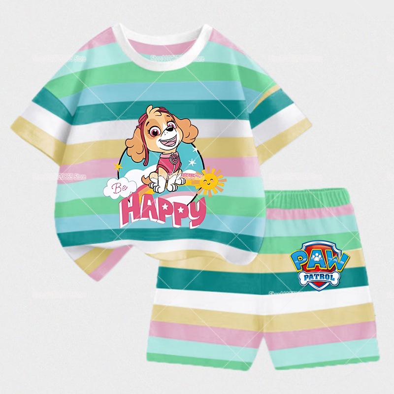 2-piece Paw Patrol Children's Summer Striped Set Cute T-shirt and Shorts Casual Fashion Clothing Gift