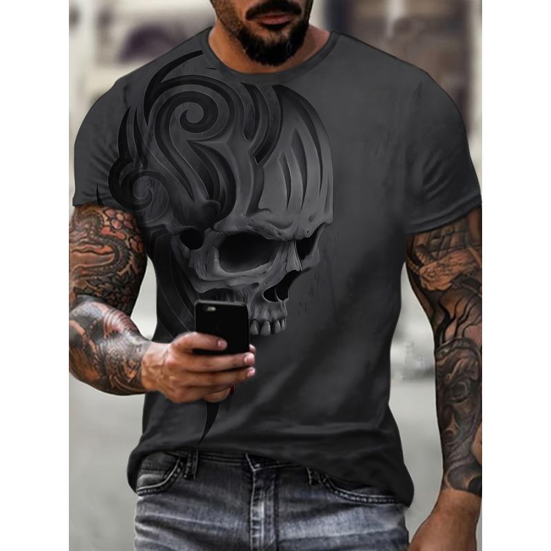 

Stylish Plus Size Men s Shirt - Casual Graphic Shirt, Intricate Skull Design, Polyester, Crew Neck S