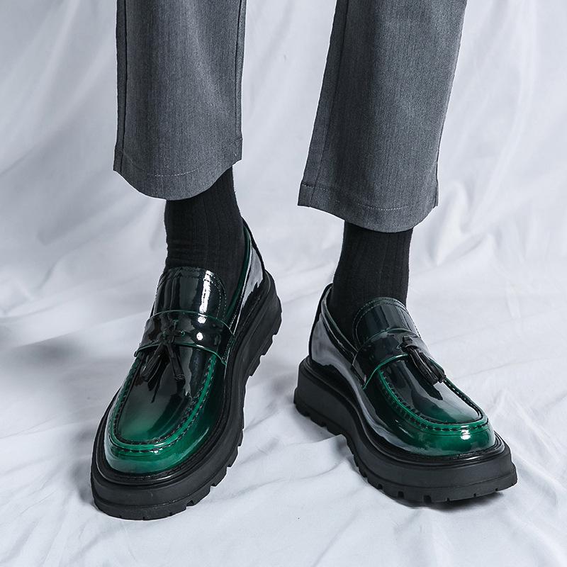 Men's Round Toe Casual Leather Shoes, Black Patent Leather, Thick Sole, Business and Daily Wear