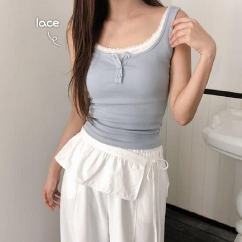 The Pink Women Slim Fit Layered Lace Button Sleeveless