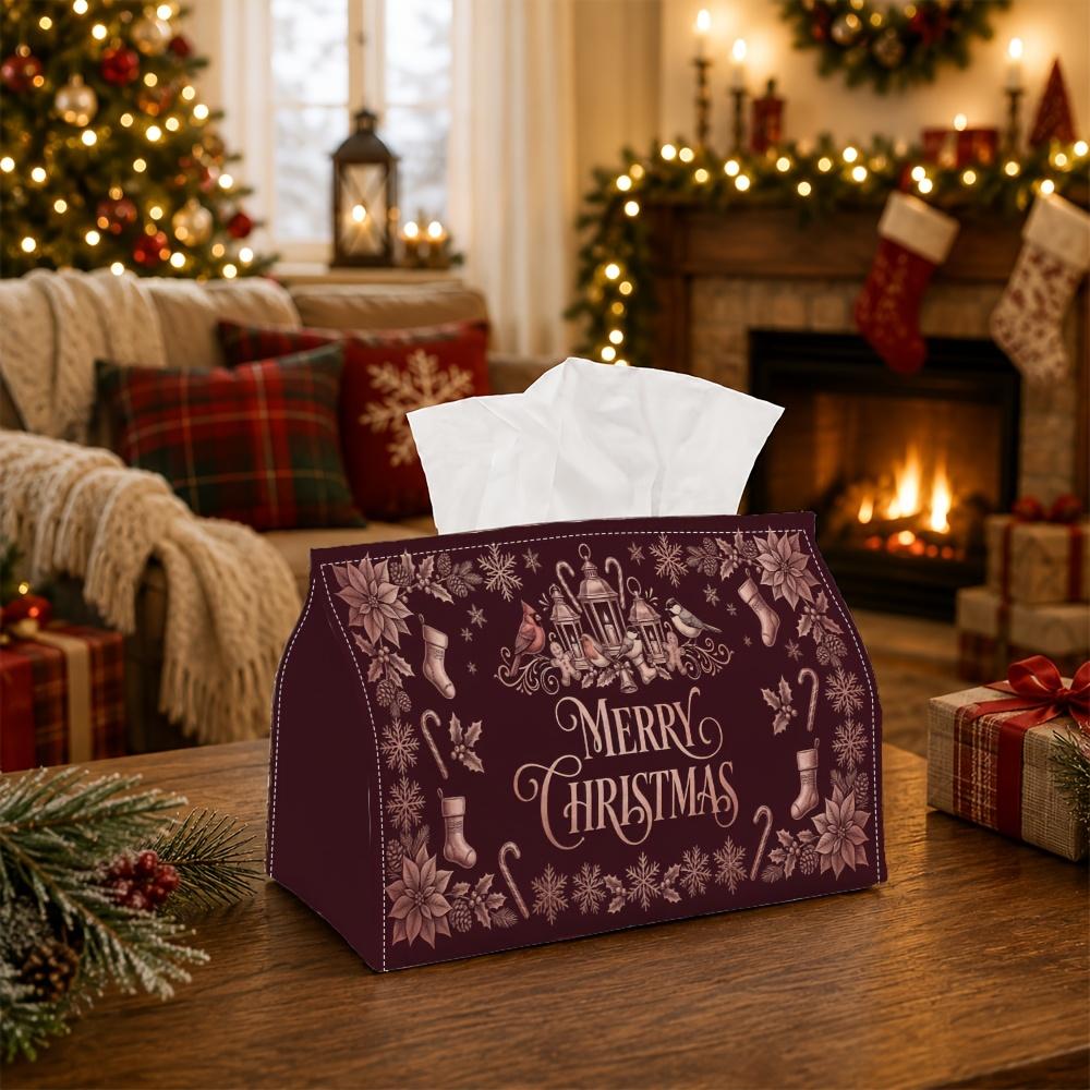 1pc Elegant Ornate Winter Tissue Box - Reindeer Lantern Stocking Floral Napkin Storage Box, Suitable for Rolls/facial Tissues,multi-functional Storage