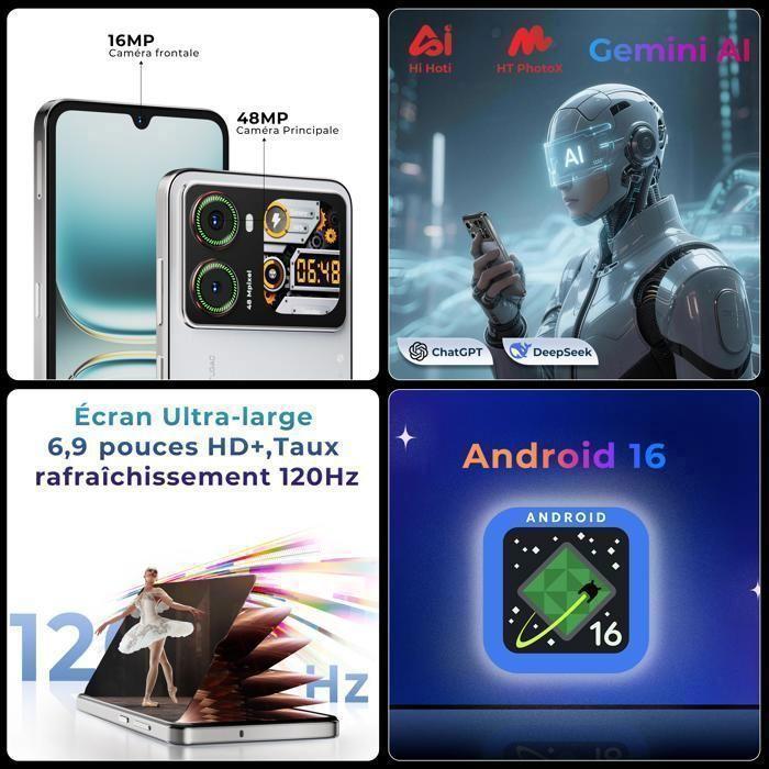 Smartphone-HOTWAV X100 GT-Cadeaux Summer-Écran 6,9 Pouces Dynamique Island-8+256Go-48MP Caméra-5160mAh-Android 16-NFC-Noir - Very Good Condition