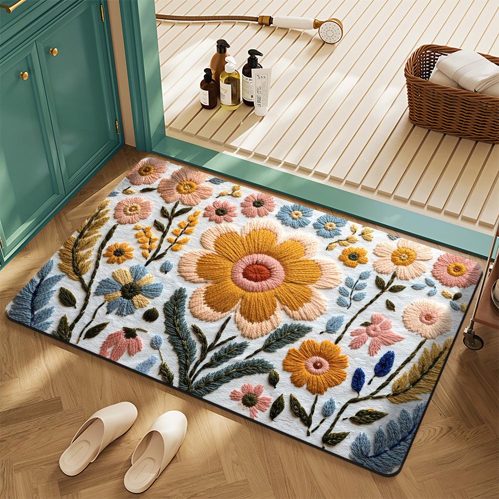 Elegant Simulated Embroidery Floral Welcome Doormat NonSlip Entryway Rug Living Room Bedroom Kitchen Outdoor Indoor Floor Mat