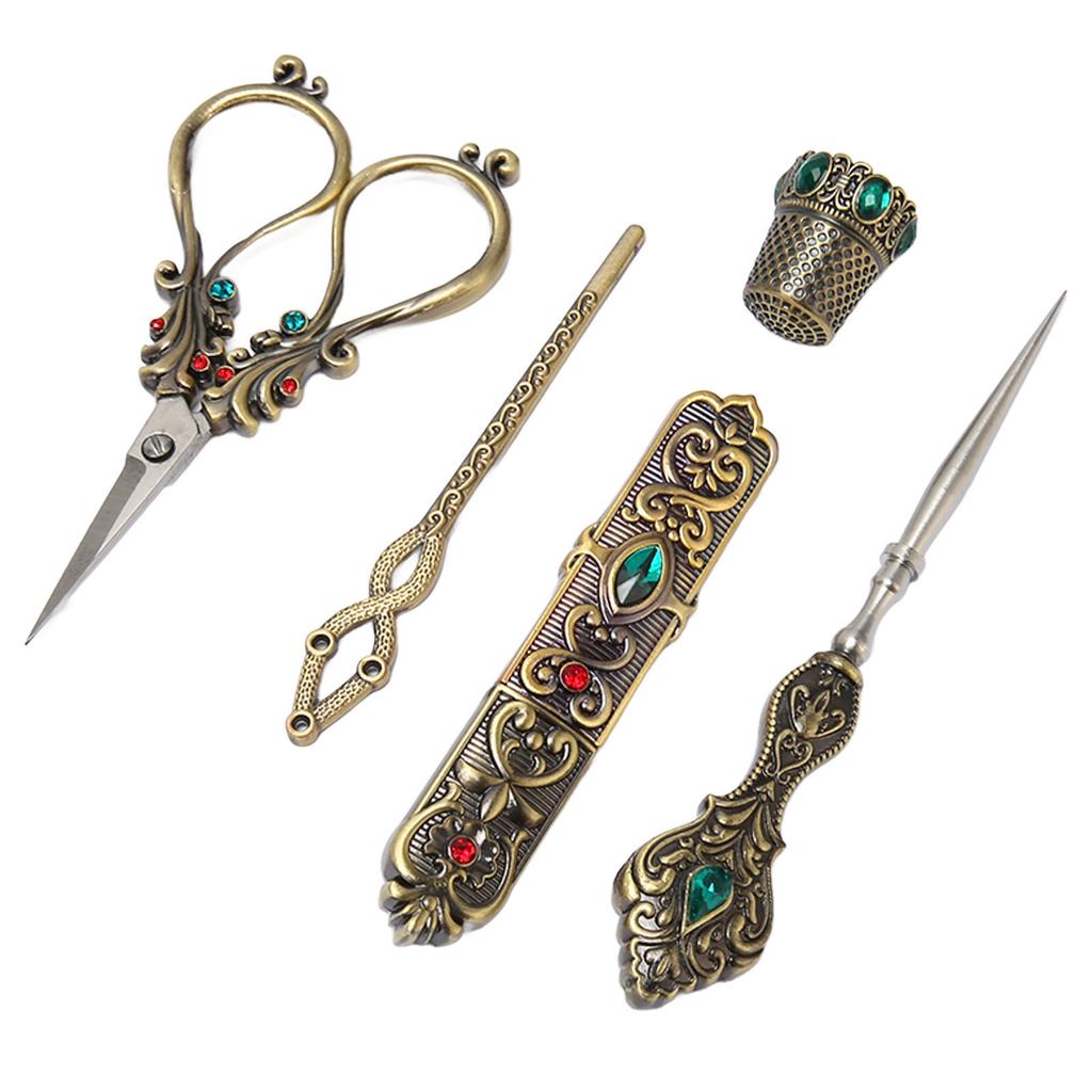 5pcs Embroidery Scissors Kit Alloy Vintage Sewing Kit with Thimble Threader Needle Case Punch