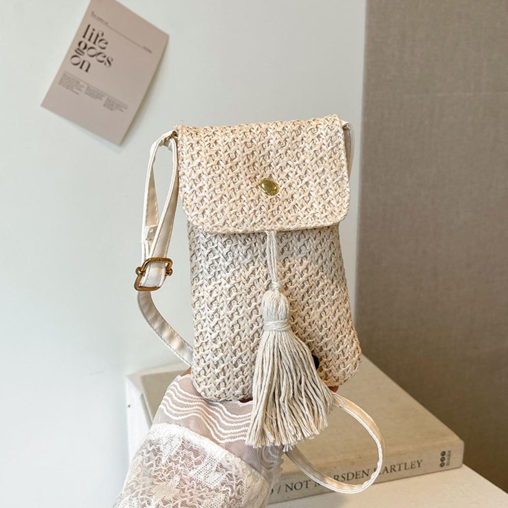 Weaving Woman Phone Pouch Elegant Woven Beach Bag Leisure Straw Woven Handbag Female