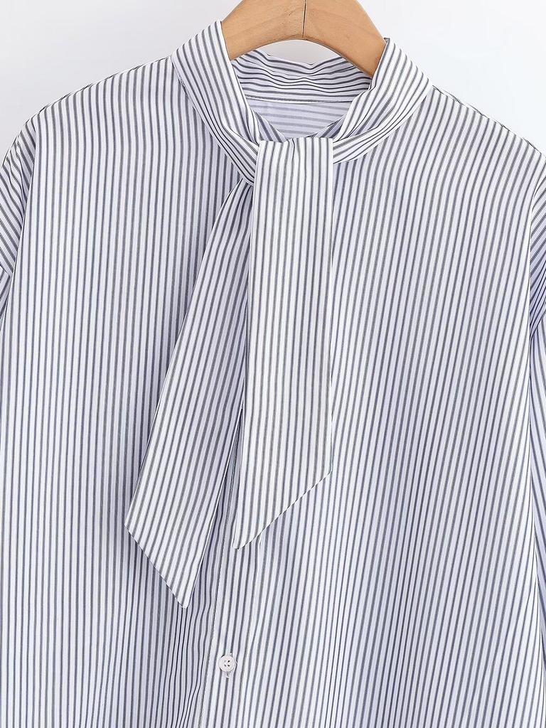 Spring 2026 European & American Style Stand Collar Striped Poplin Shirt with Scarf