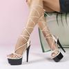 Fashion Slim Knee High Corss Strap Women Platform Sandals Sexy Open Toe 15CM Thin Heels Stripper Pole Dance Shoes Size 43