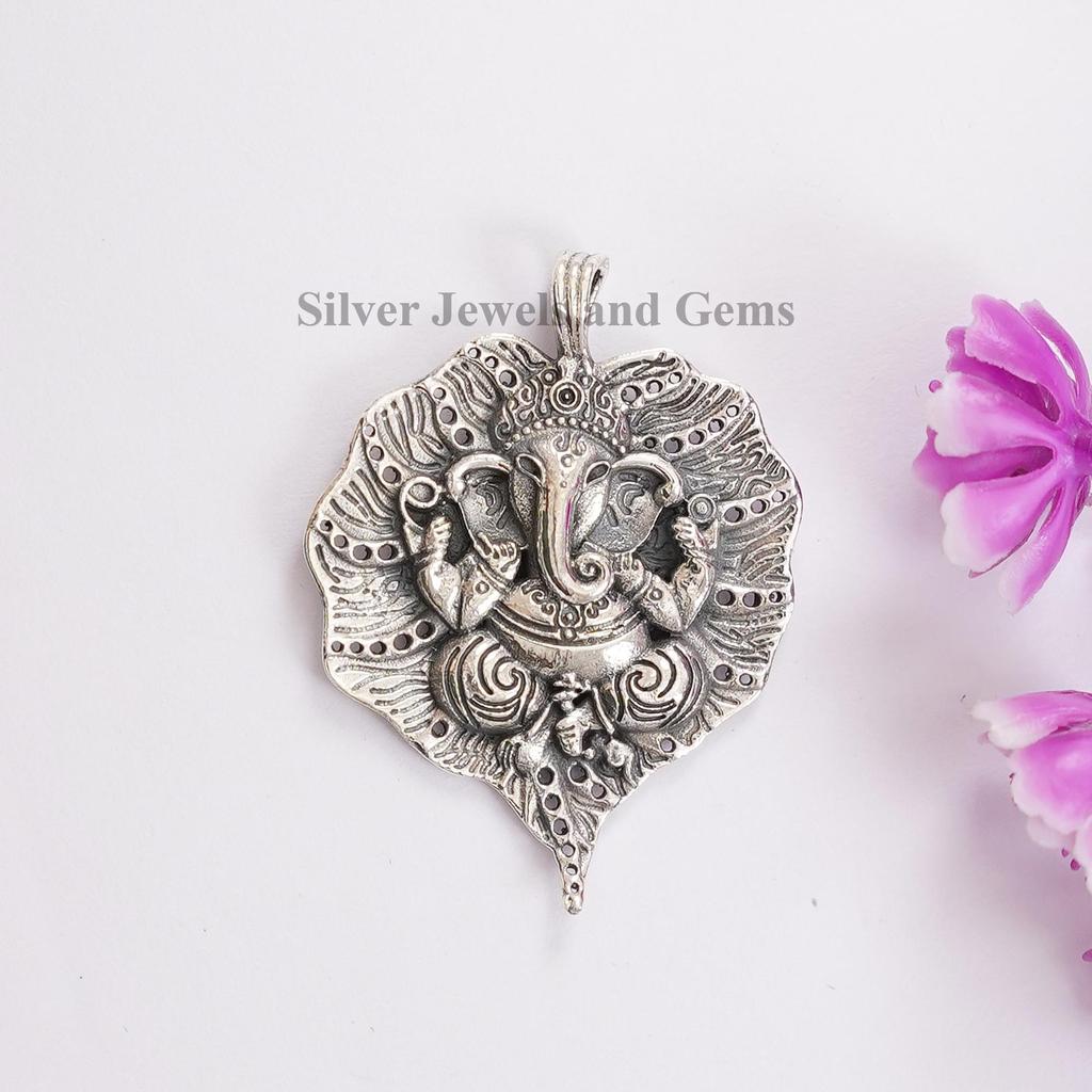 925 Sterling Silver Ganesh Pendant On Leaf, Spiritual Jewelry