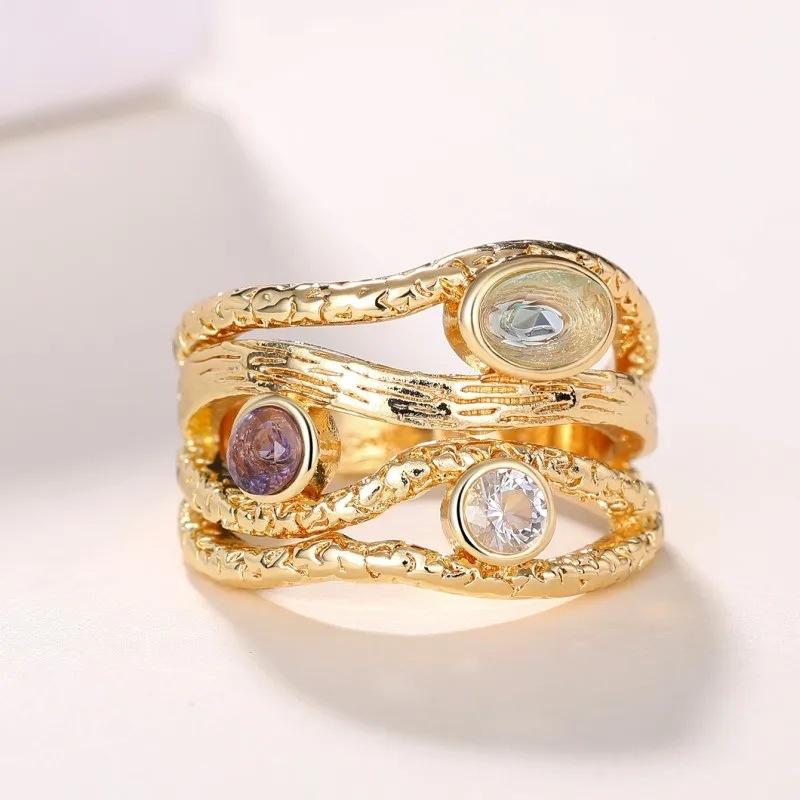 1pc Synthetic Zircon Ring, Gradient Color, Geometric Multi-layer Lines, Exquisite Luxurious and Fashionable Ring