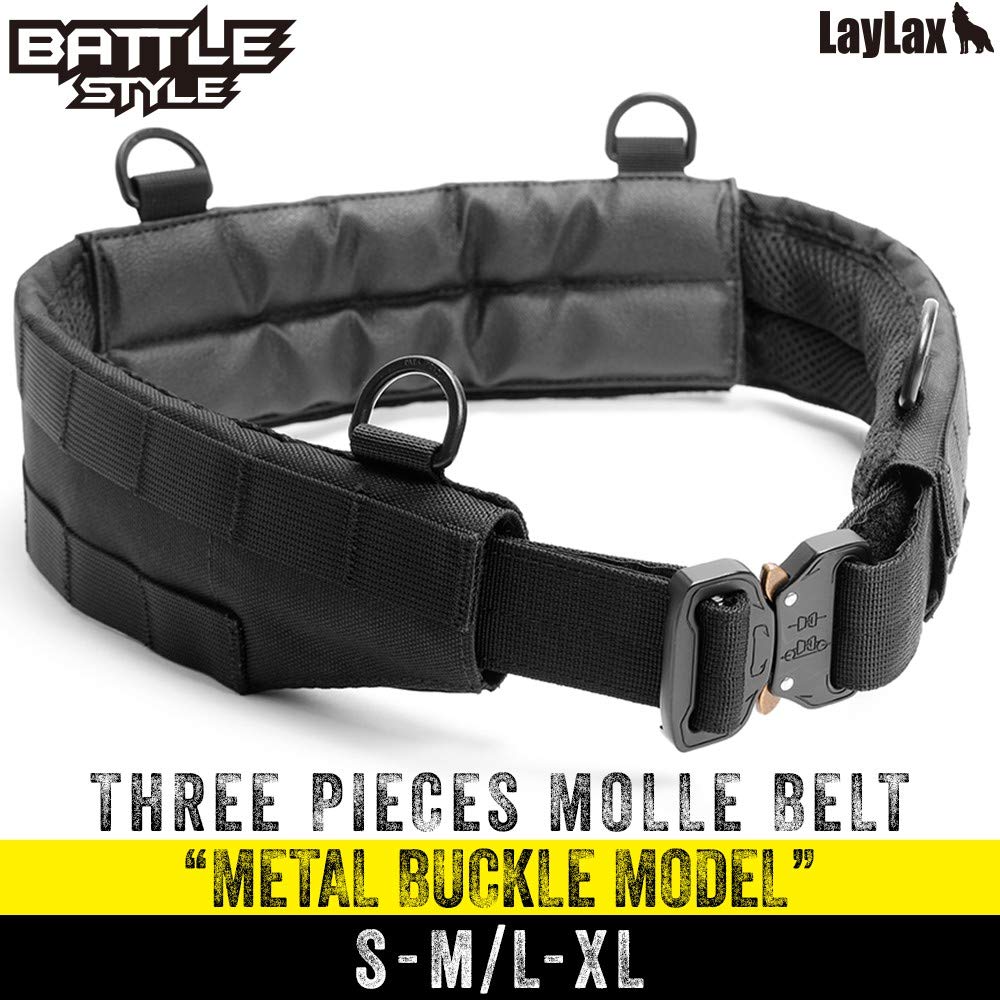 Laylax Airsoft Three-Piece MOLLE Belt with Cobra Buckle, Black, Sizes L-XL (Approx. 90-120cm)