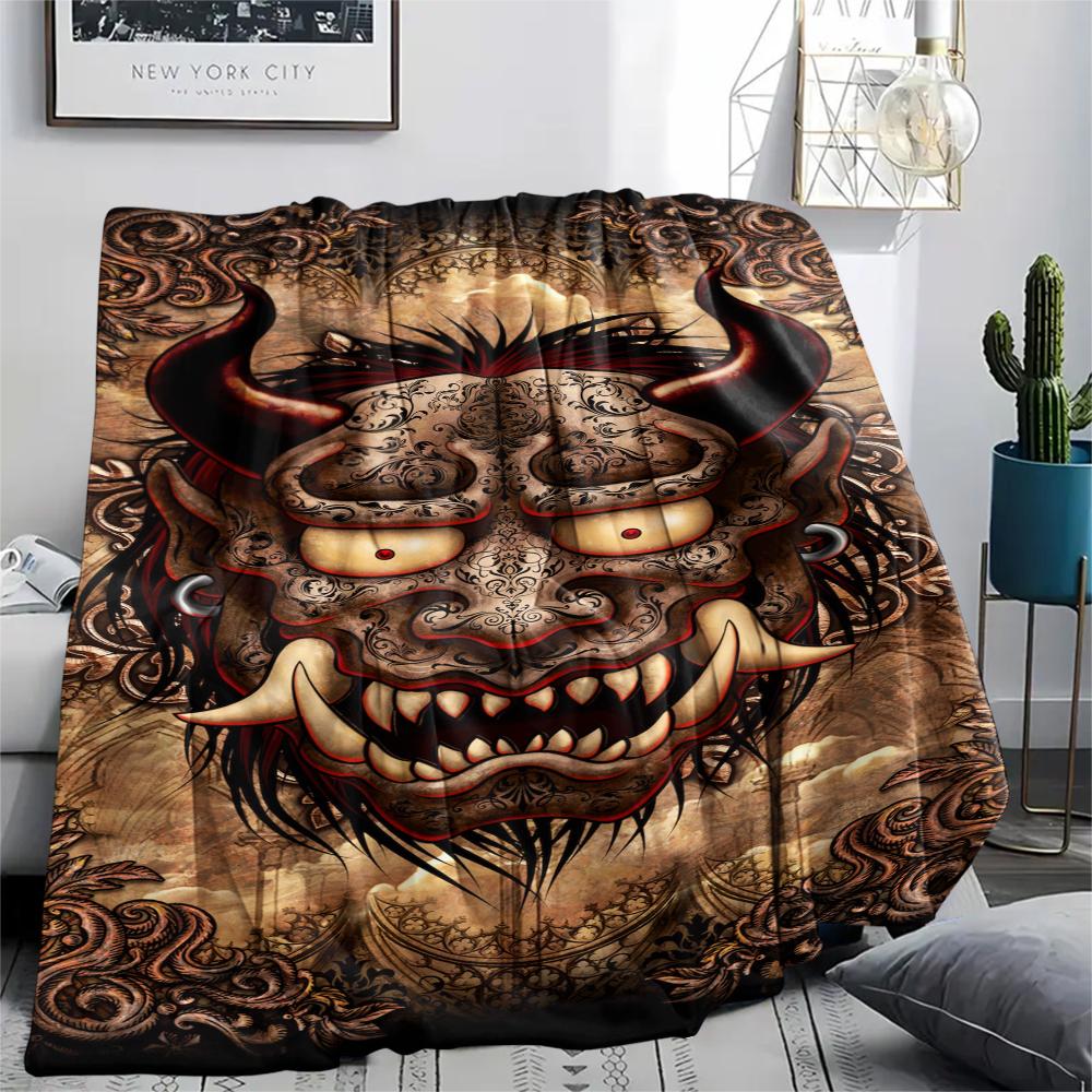 1Pc Hannya Samurai Print Flannel Blanket, High quality Comfortable for All Seasons, Home Decor, Warmth and Comfort, Perfect for Christmas Gifts