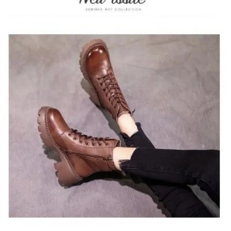 Genuine Leather Women Boots Zip Round Toe Shoes for Women Concise Leisure Sewing Platform Boots