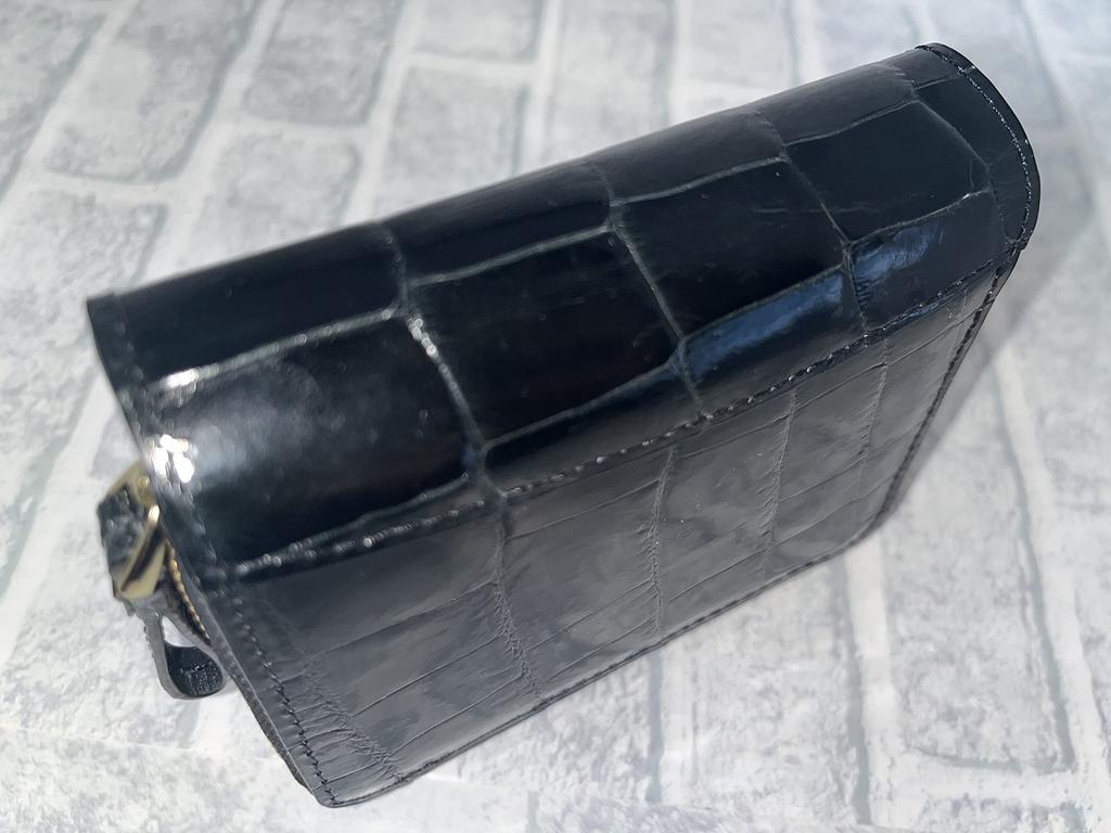 GUODI Bi-fold Wallet, Genuine Crocodile Leather, Shining (Glazed) Finish, for Men and Women, HL-9769-CRS (Black), Compact Folding Wallet