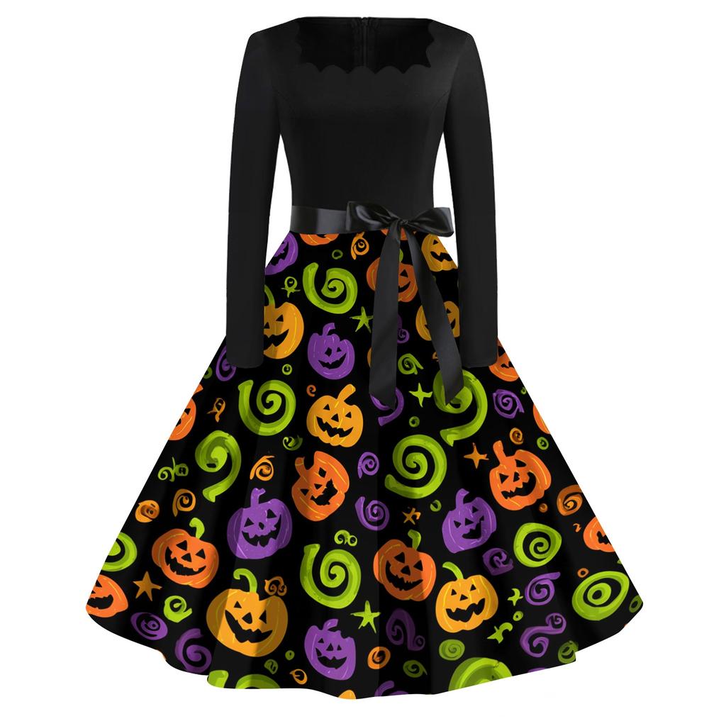 Robe décontractée vintage pour femme avec imprimé Halloween, col carré, manches longues, ceinture à la taille, style rétro, jupe évasée