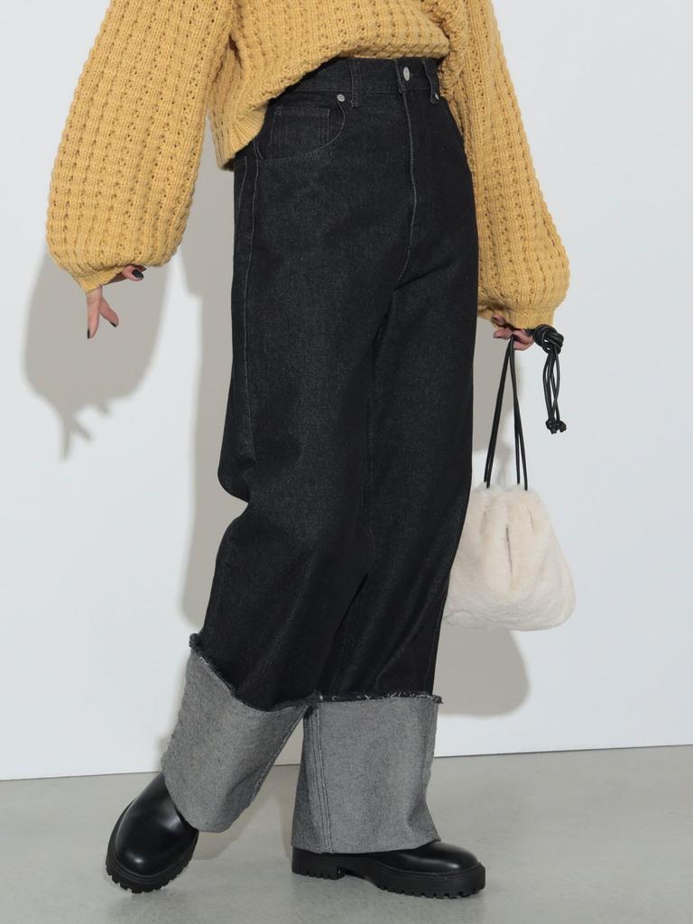 Pants Turnback Wide Denim Pants BLACK S [Beams Heart] (S-M) Women's