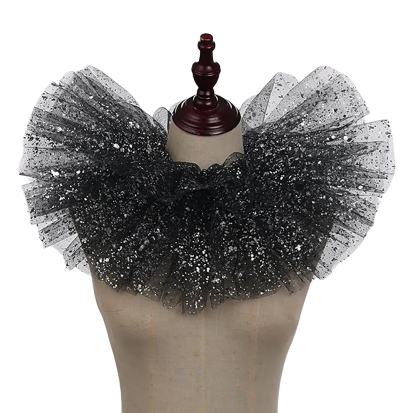 

Элегантный викторианский металлизированный фольгированный рюшевый тюлевый фальш-воротник-шаль, съемный многослойный сетчатый шейный рафф, клоунский косплей-чокер чёрный