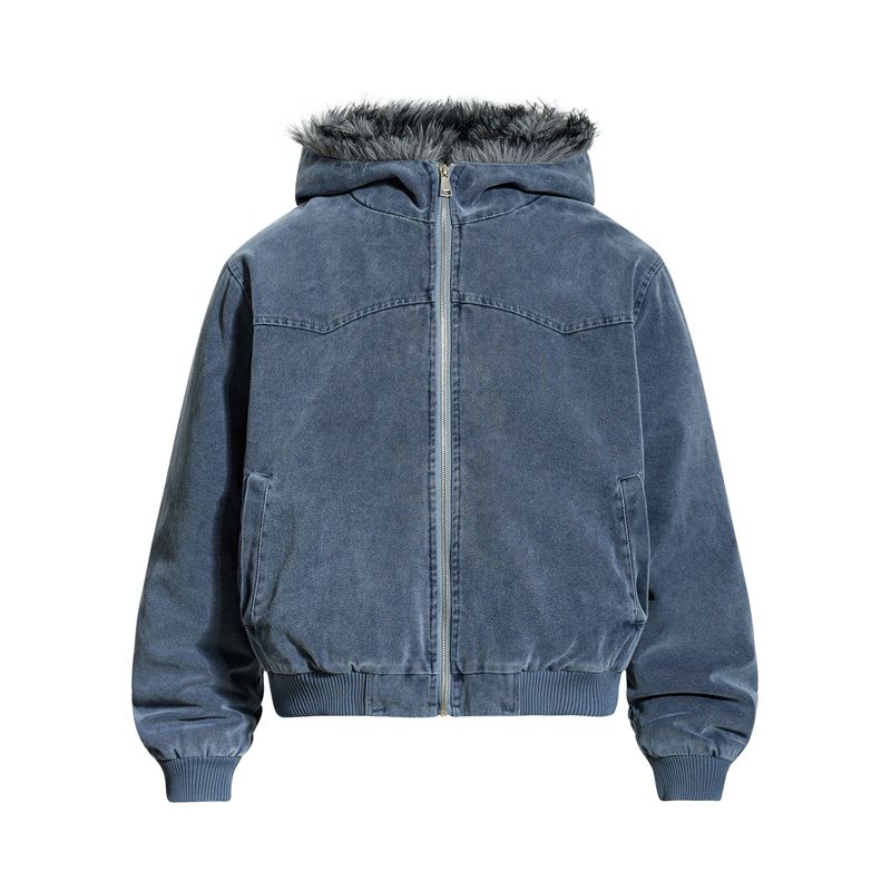 Cabbage Coke American Retro Style Mountain Carving Fur Collar Short Cotton Jacket Winter Distressed Hooded Padded Coat for Men and Women