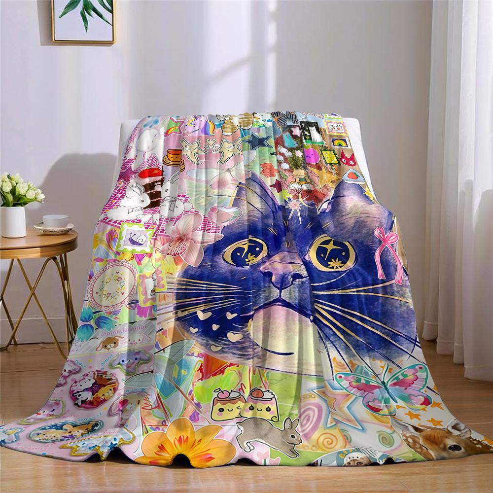 Kawaii Cat Collage Flannel Blanket Warm Soft Halloween Christmas Couch Warm Cozy Decorative Decor Gift for All Season