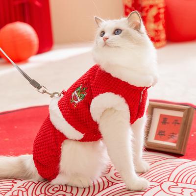 Katzenkleidung für das neue Jahr ist aus Samt, um warm zu halten und festlich für das neue Jahr zu sein.. Erwachsene Katzen und Kätzchen haben vier Pfoten, die Hunde und Haustiere führen können. Kleidung