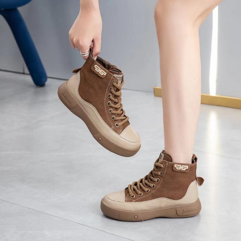 

New first-layer cowhide thick-soled color matching retro one-pedal velvet high-top shoes versatile casual sports board shoes 40