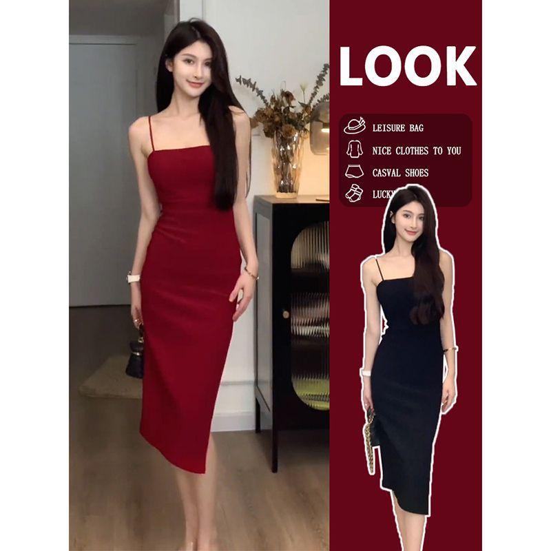 French elegance pure and alluring red spaghetti strap dress for women's summer new slimming mid-length dress is trendy