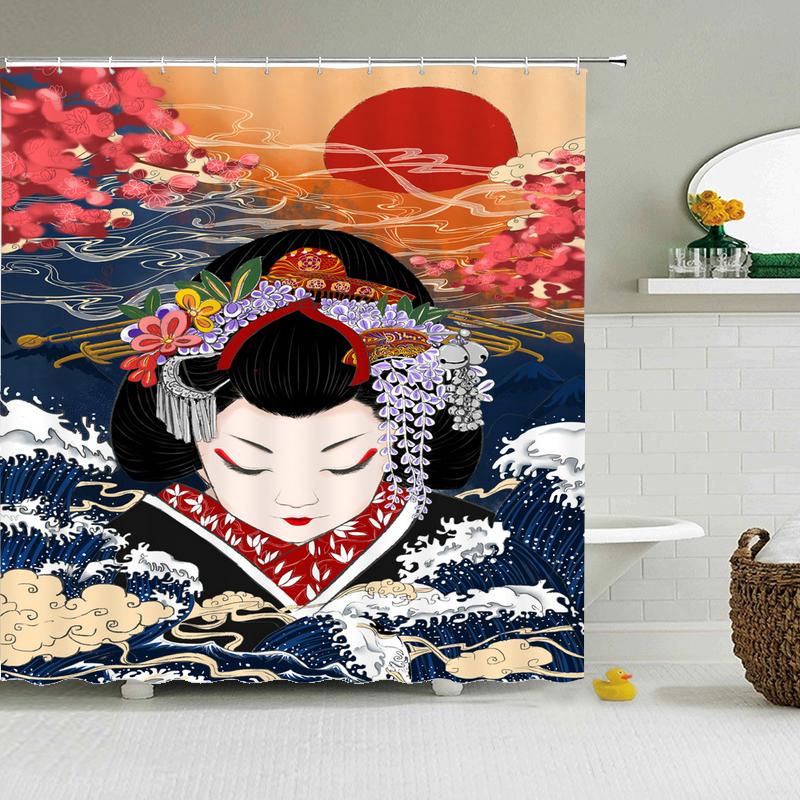 Japan Carp Banner Japanese-style Lucky Cat Printed Bath Curtains Bathroom For Bathing Cover Shower Curtains with 12 Pcs Hooks