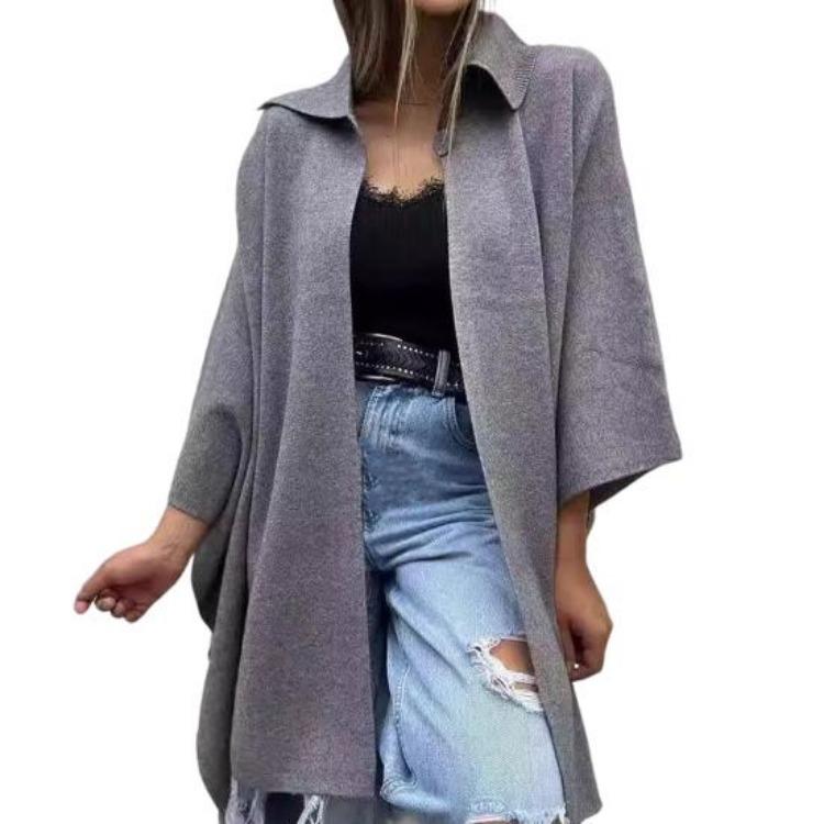 Women Cape Jacket Cardigan Fall Spring Coat Dolman Sleeve Turn Down Collar Loose Open Stitch Irregular Hem Solid Color Dating Commuting Poncho