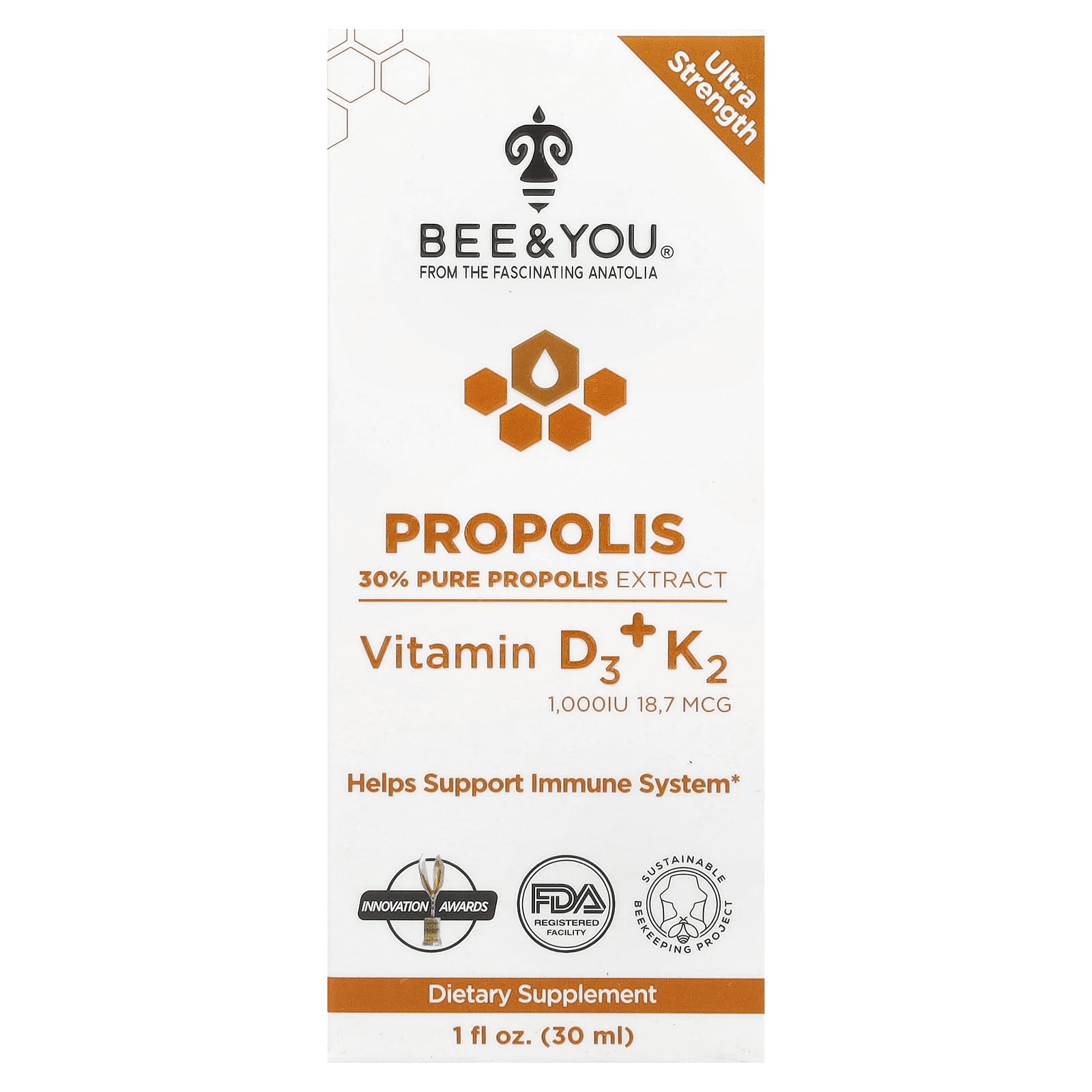 

Bee & You, Propolis, Vitamin D3 + K2, 30Ml(1Fl Oz)