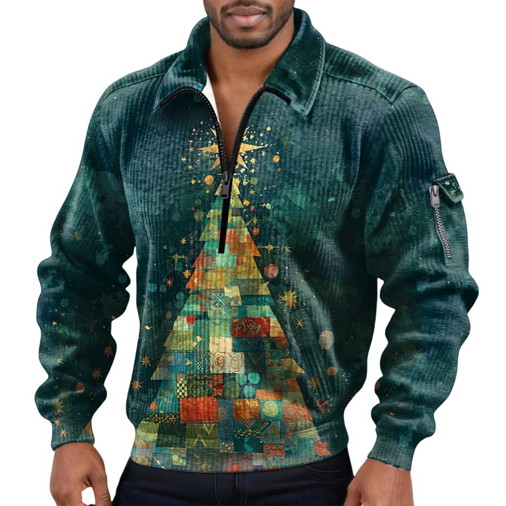 Men's Solid Color Corduroy Zipper Neck Long Sleeve Top Men's Casual Lapel Top