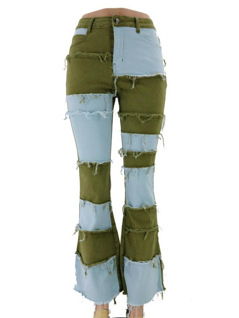 2025 Autumn Color Block Patchwork High Waist Flared Women's Denim Pants
