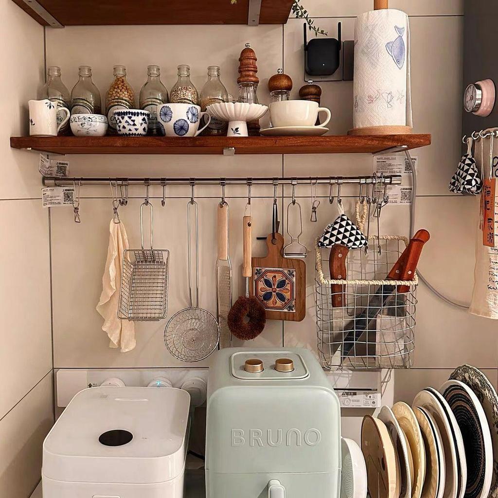 Wall-Mounted Stainless Steel Kitchen Storage Rack with No-Drill Hooks for Towel, Spatula, and Dishcloth