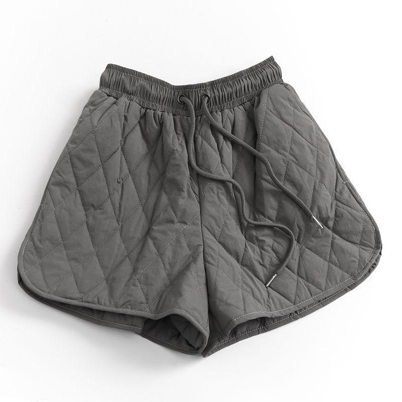 

Solid Color Quilted Padded Wide Leg Shorts with Drawstring Waist - Slim Fit, High Waist, Autumn Winter Women s Outerwear Pants Extra Large серый
