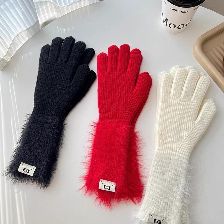 Podzimní a zimní dopaminové jednobarevné teplé pletené pětiprsté rukavice - Všestranné, roztomilé, dlouhé cyklistické návleky pro dívky