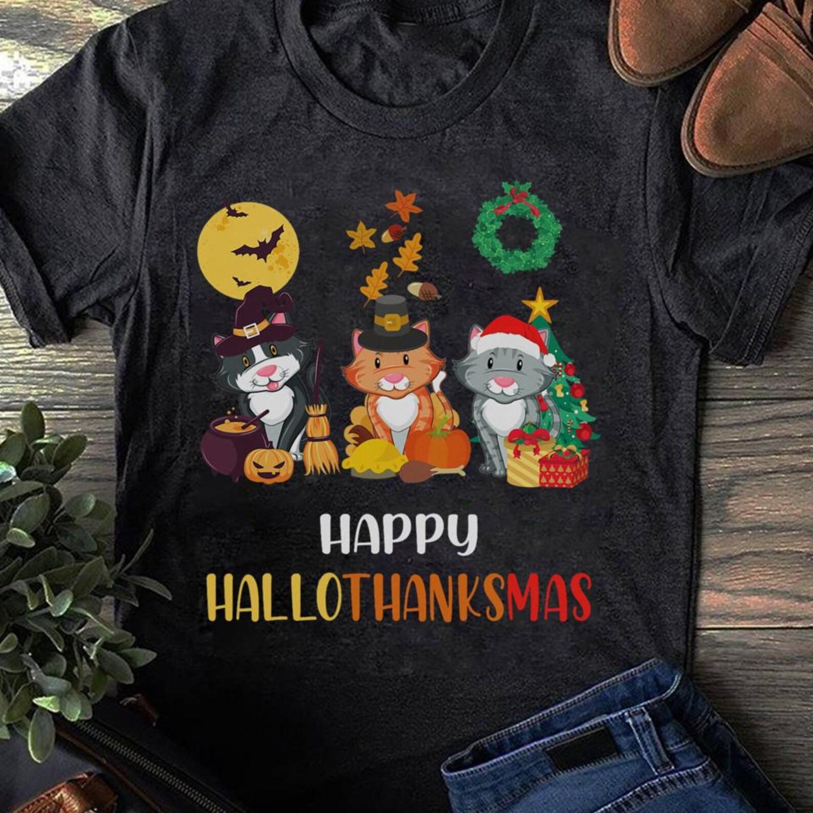 Funny Ghost Cat Halloween T-Shirt: Hallothanksmas Costume Shirt 3XL