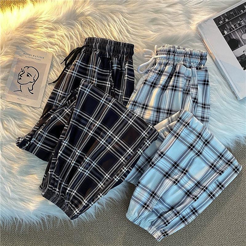 Women's Spring Autumn Four Seasons Plaid Elastic Waist High Waist Draped Slim Drawstring Trousers