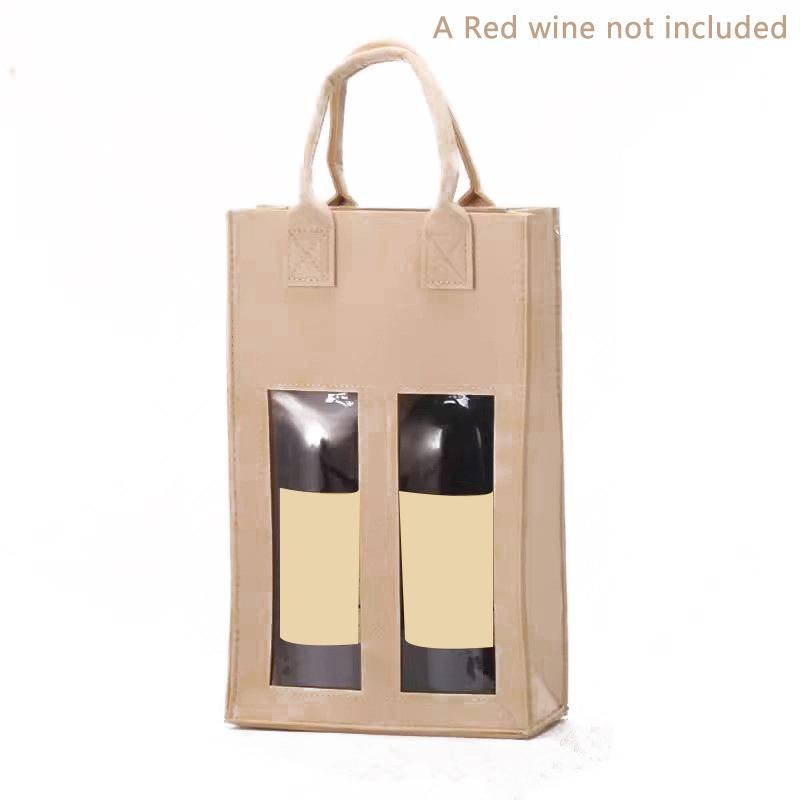 

1Pcs Felt Red Wine Handbag Wine Gift Box With Window Double Bottle Champagne Package Bags Wedding Favors For Guests A бежевий