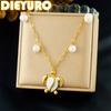 DIEYURO 316L Stainless Steel White Dripping Oil Animal Turtle Pearl Pendant Necklace Lady Fashion Neck Chain Jewelry Gift