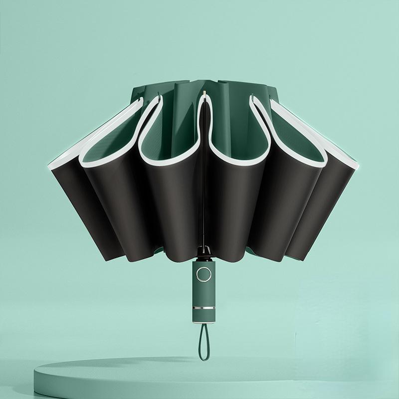 Automatic Reverse Folding Umbrella with Reflective Stripe Windproof UV Protection Large Travel Parasol