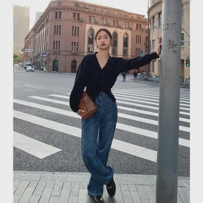 Cardigan fendu à col en V pour femme 2023 - Haut tricoté chic coréen début printemps/automne