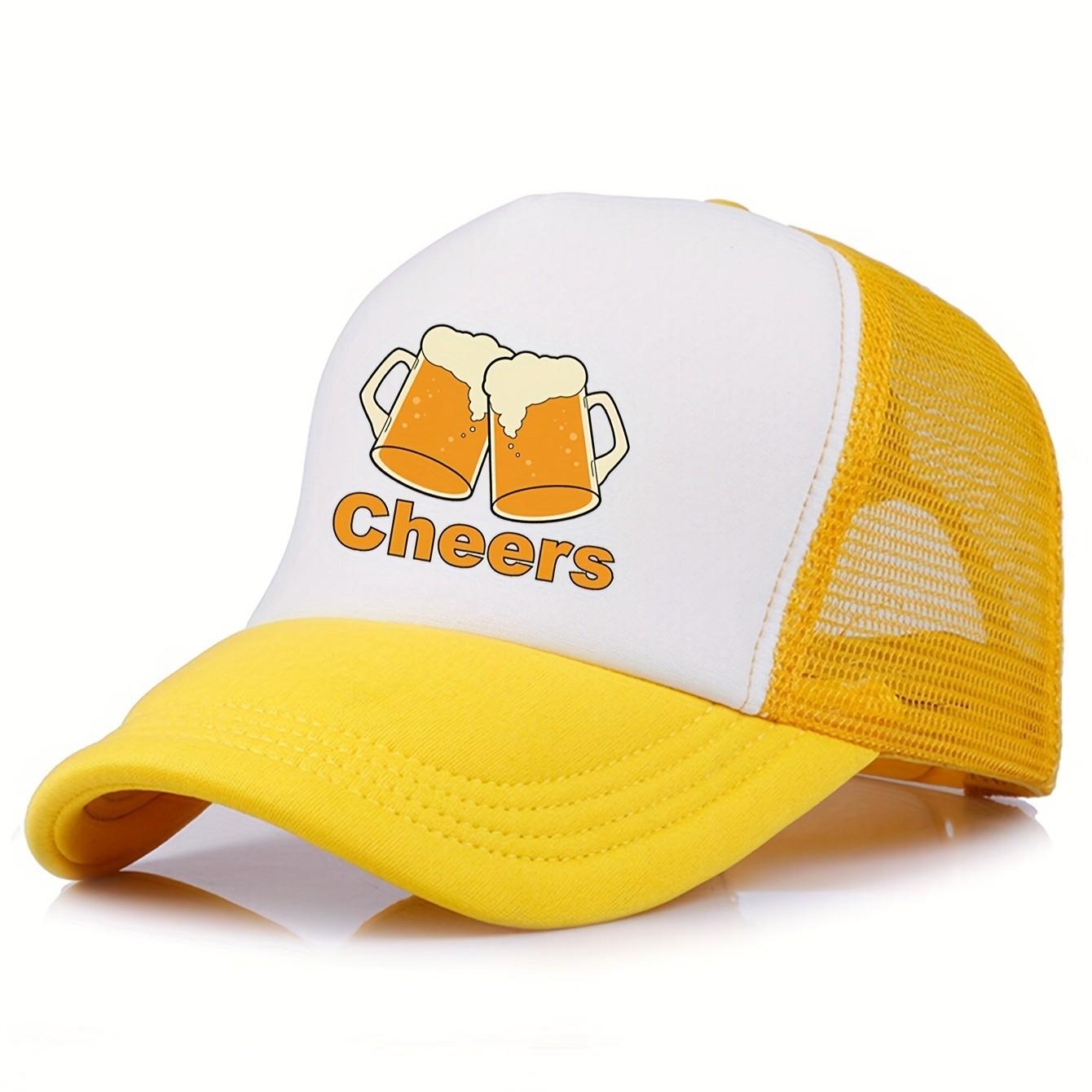 Cheers Beer Mugs Trucker Hat Polyester Mesh Baseball Cap Adjustable Casual Unisex Gift One Size