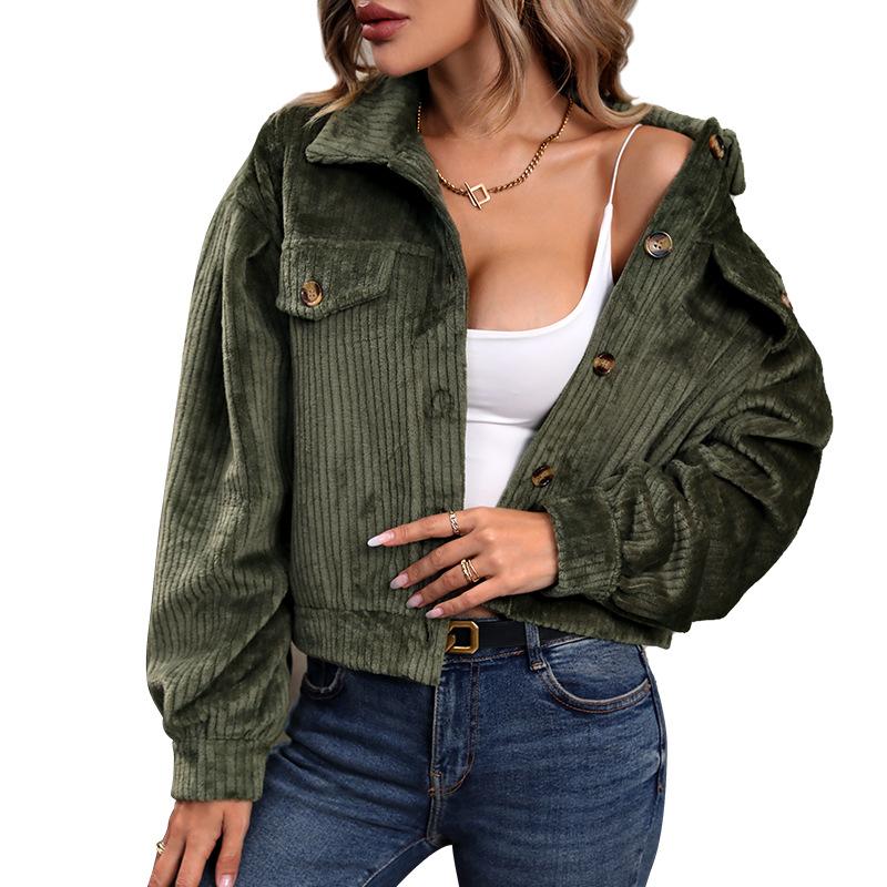 Casual Trend Versatile Autumn and Winter Warm Plush Casual Solid Color Women's Green Jacket