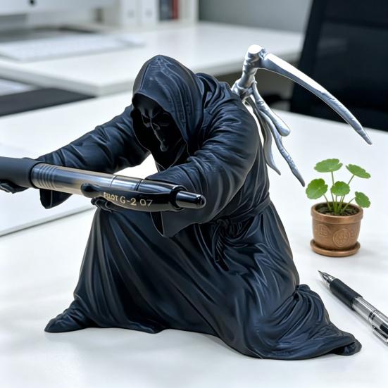 Grim Reaper Pen Holder Gothic Black Cloak Skeleton Pencil Holder 3D Printed Cool Pen Stand for Students Adults Office Desk Accessory