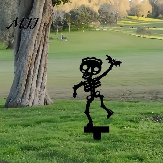 Halloween Skelett Trädgårdsstolpar Stolpe, Metall med Fladdermus Spindel Gårds konst Svart Silhuett Dekoration för Gräsmatta Blomsterrabatt Kyrkogård Landskapsarkitektur