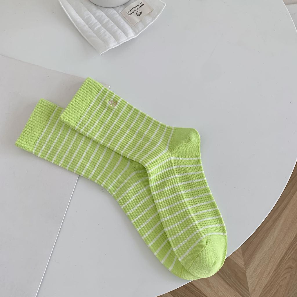 Double Needle Striped Socks Embroidery A Letter Women'S Socks Mid-Tube Socks Trendy Black And White Fashion Stockings Pile Socks Xiaohongshu