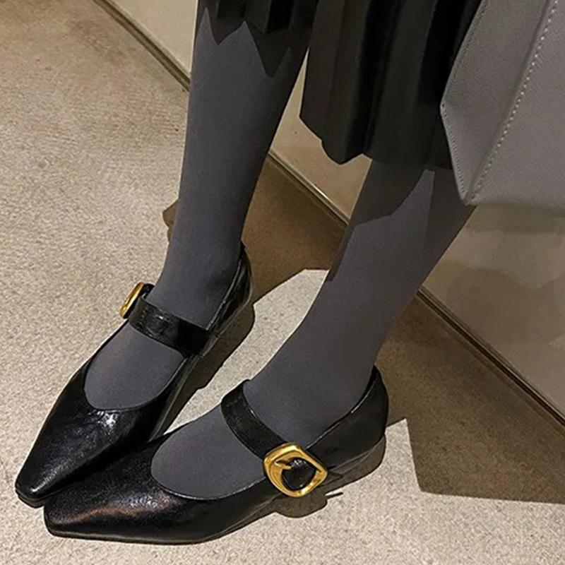 Cowhide version French retro gold buckle leather pointed thick heel light mouth single shoes women's one-word buckle with wedge heel Mary Jane shoes