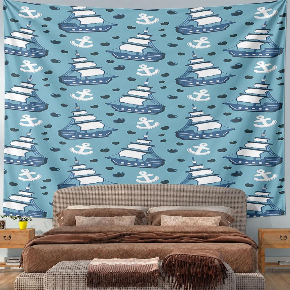 Blue Nautical Ship and Anchor Pattern Pattern Wall Hanging Tapestry Decorative Tapestry Home Decor for Bedroom and Living Room