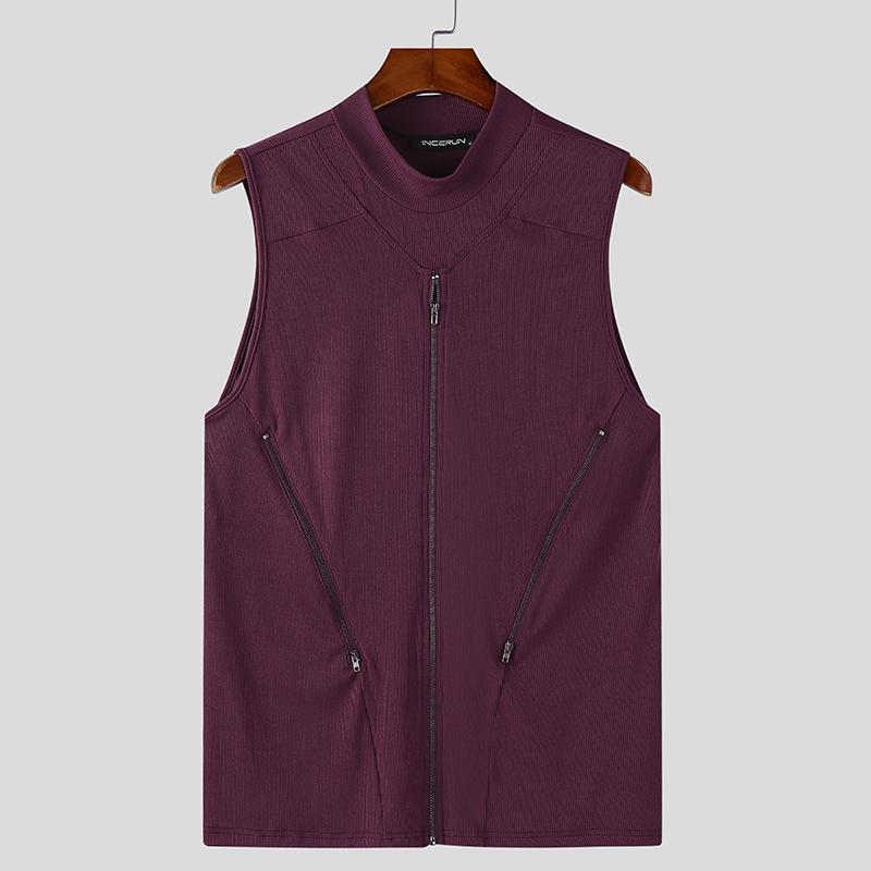 INCERUN Summer Men Mockneck Sleeveless Zipper Up Rib Tank Tops Slim Racerback T-shirts